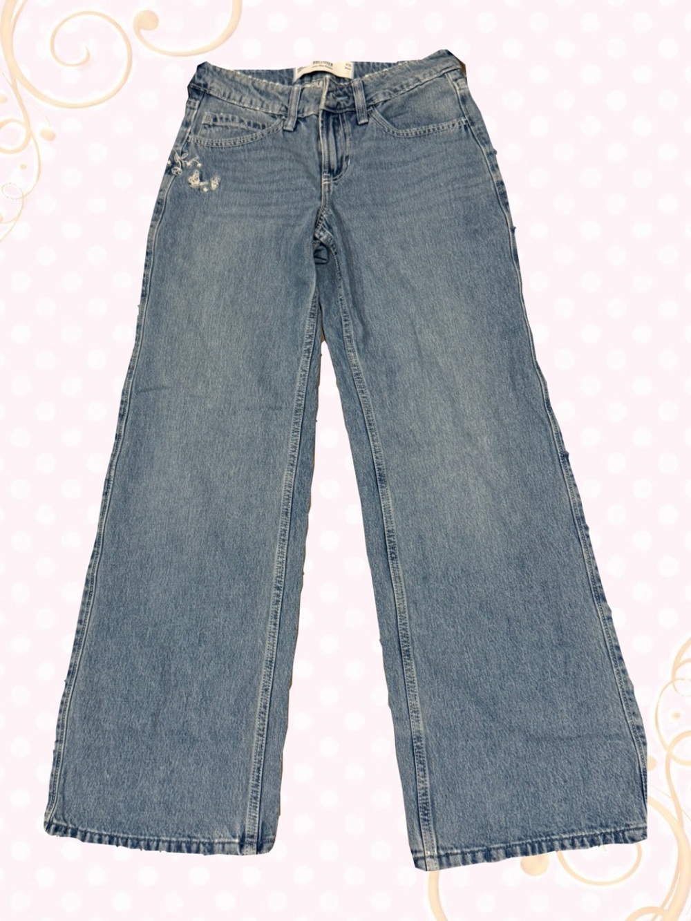 HOLLISTER LOW RISE BAGGY BUTTERFLY FLORAL EMBROIDERY JEANS